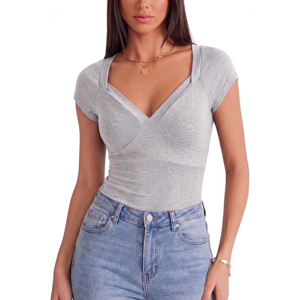 image:imageEMMIOL Sexy V Neck T Shirts for Women Short Sleeve Slim Fit Bow Bandage Cute Crop Tops Y2k 2026 Summer Going Out ClothesGray