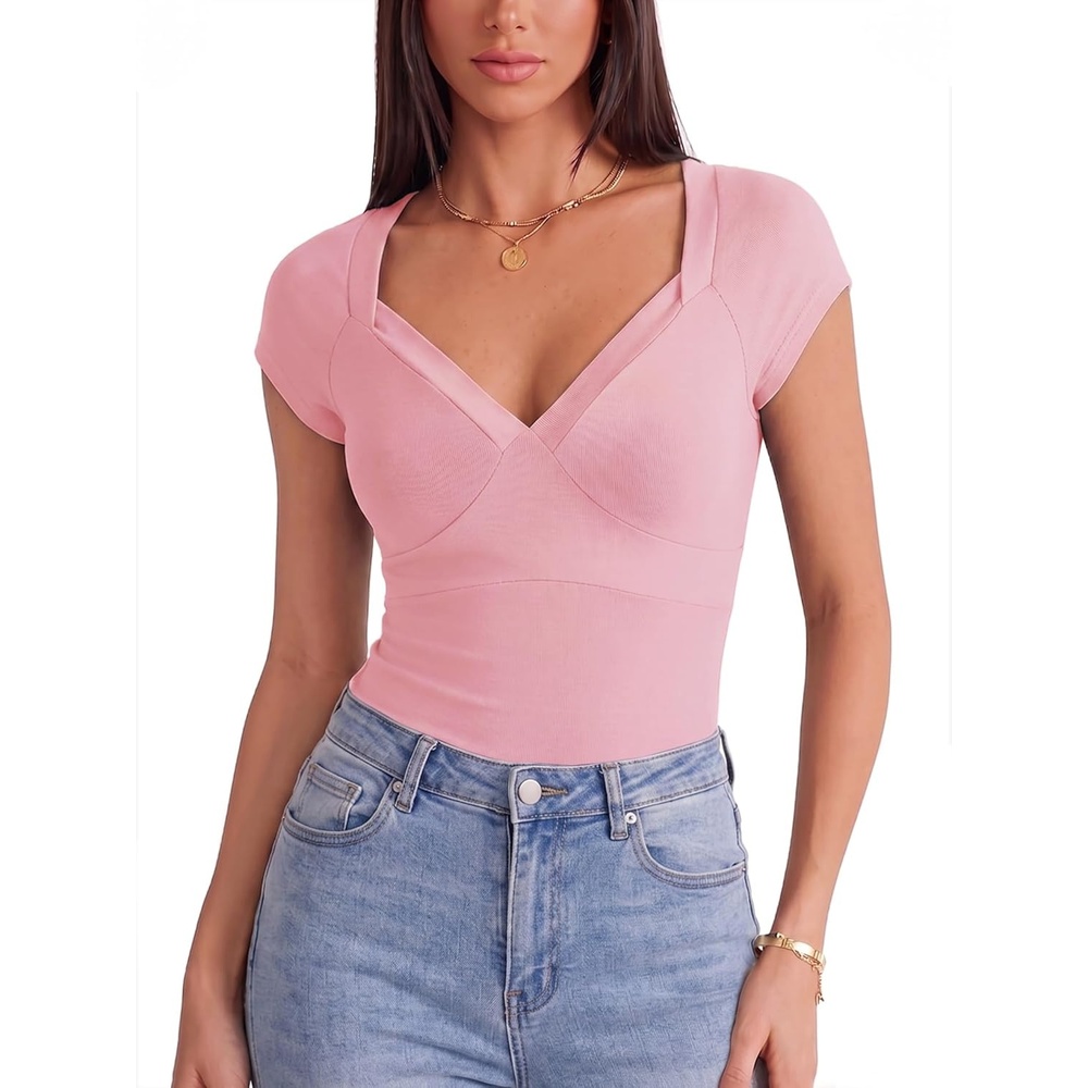 image:imageEMMIOL Sexy V Neck T Shirts for Women  Short Sleeve Slim Fit Bow Bandage Cute Crop Tops Y2k 2026 Summer Going Out ClothesPink