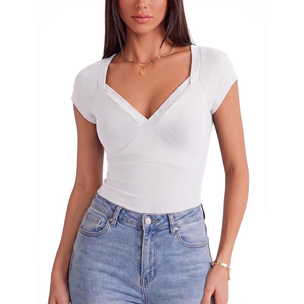 image:imageEMMIOL Sexy V Neck T Shirts for Women Short Sleeve Slim Fit Bow Bandage Cute Crop Tops Y2k 2026 Summer Going Out ClothesWhite