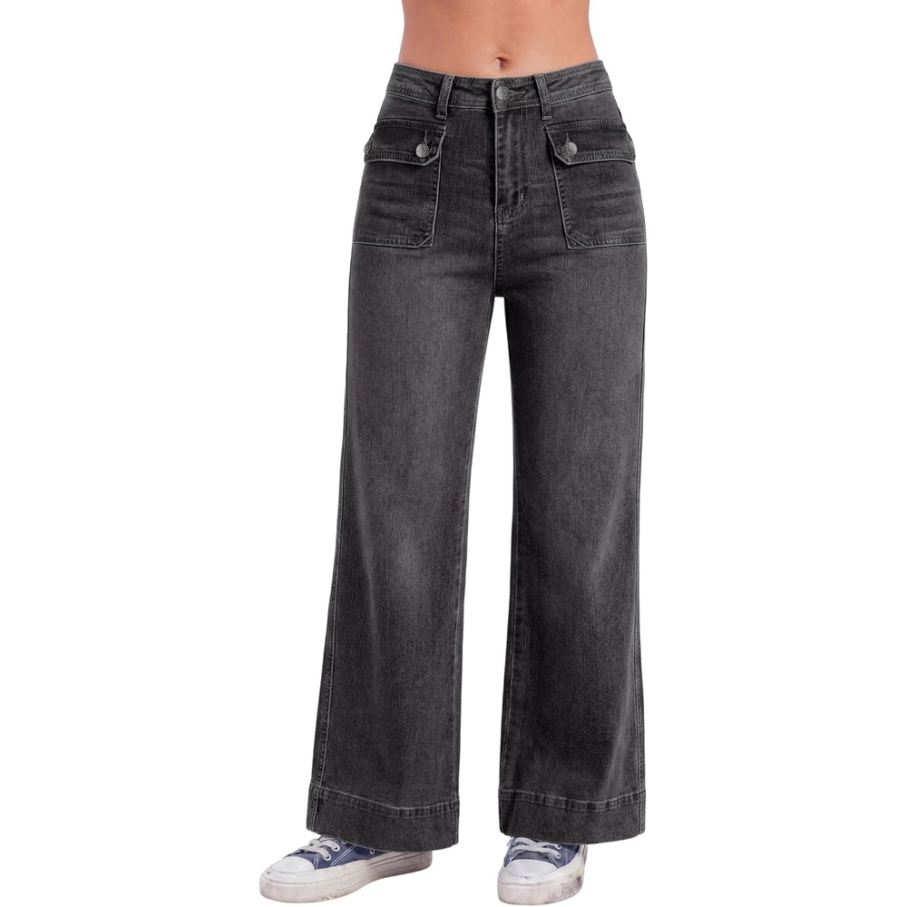 image:imageEMMIOL Womens 2026 Wide Leg Jeans Distress Mid Waist Stretchy Denim Pants Vintage Y2K TrousersBgrey