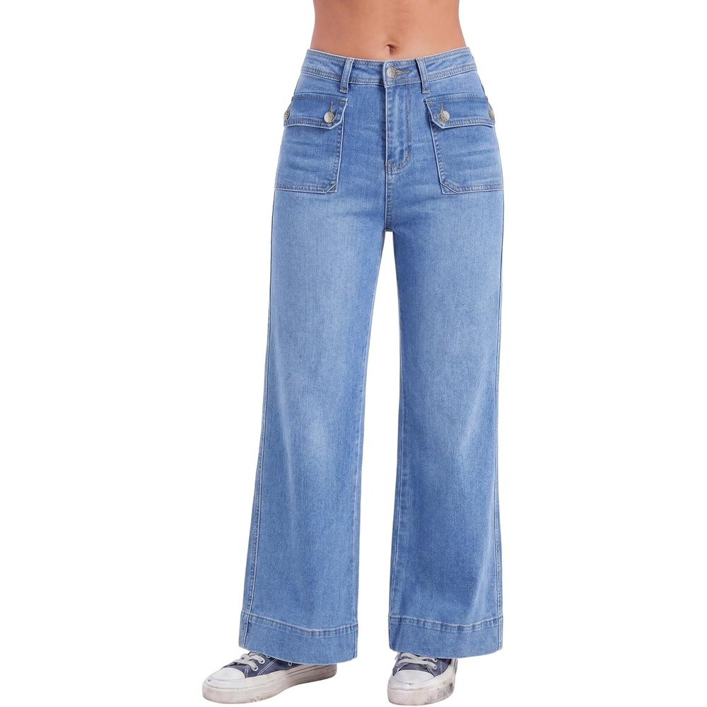 image:imageEMMIOL Womens 2026 Wide Leg Jeans Distress Mid Waist Stretchy Denim Pants Vintage Y2K TrousersBlight Blue