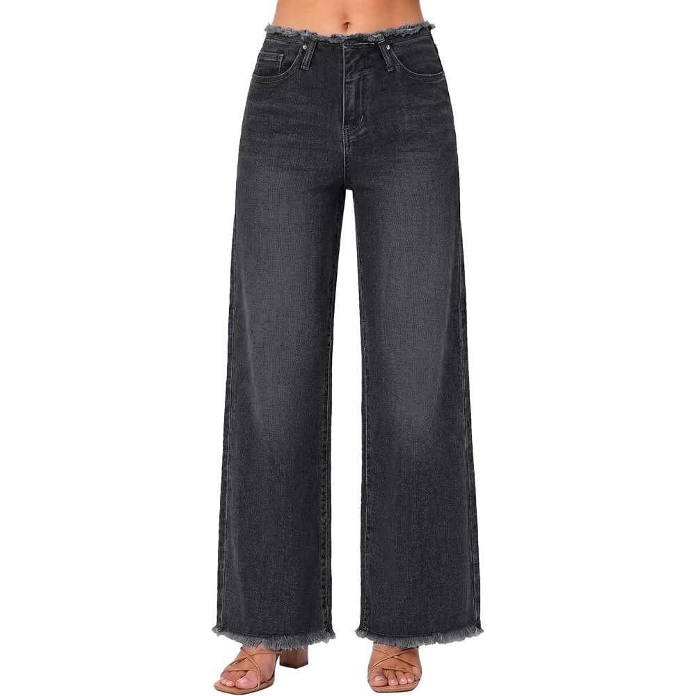 image:imageEMMIOL Womens 2026 Wide Leg Jeans Distress Mid Waist Stretchy Denim Pants Vintage Y2K TrousersCblack