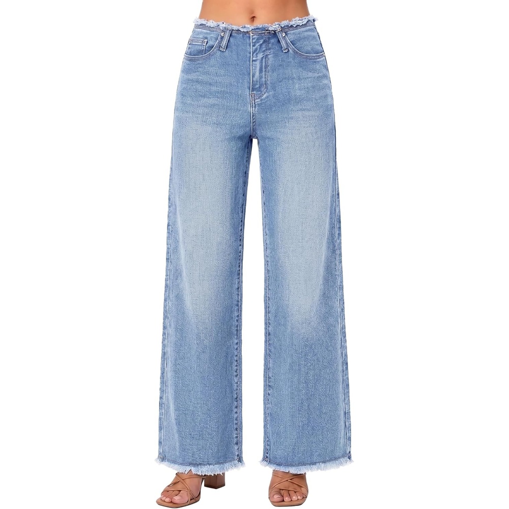 image:imageEMMIOL Womens 2026 Wide Leg Jeans Distress Mid Waist Stretchy Denim Pants Vintage Y2K TrousersClight Blue