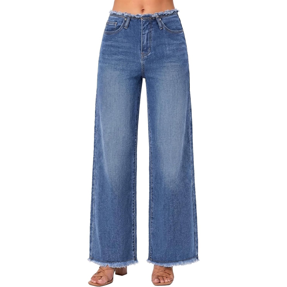 image:imageEMMIOL Womens 2026 Wide Leg Jeans Distress Mid Waist Stretchy Denim Pants Vintage Y2K TrousersCmid Blue
