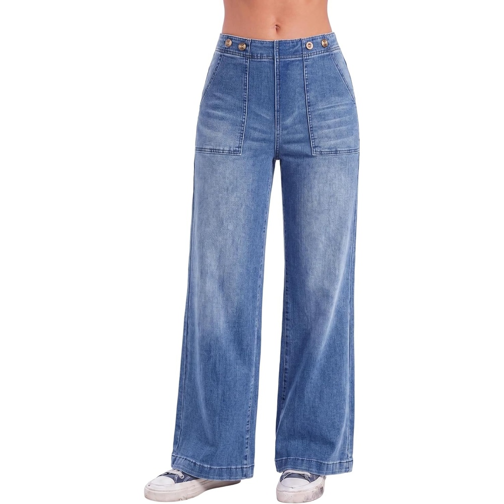 image:imageEMMIOL Womens 2026 Wide Leg Jeans Distress Mid Waist Stretchy Denim Pants Vintage Y2K TrousersMid Blue