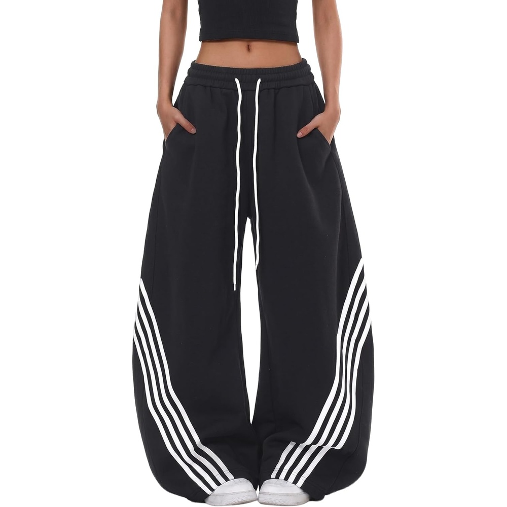 image:imageEMMIOL Y2K Striped Barrel Sweatpants for Women Baggy High Waisted Wide Leg Joggers with Drawstring Waist Adjustable CuffsBlack