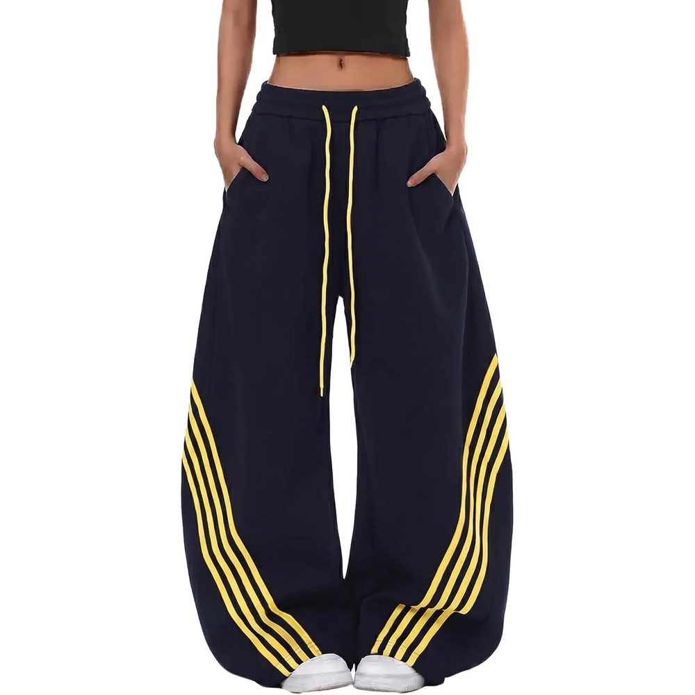 image:imageEMMIOL Y2K Striped Barrel Sweatpants for Women Baggy High Waisted Wide Leg Joggers with Drawstring Waist Adjustable CuffsDark Blue