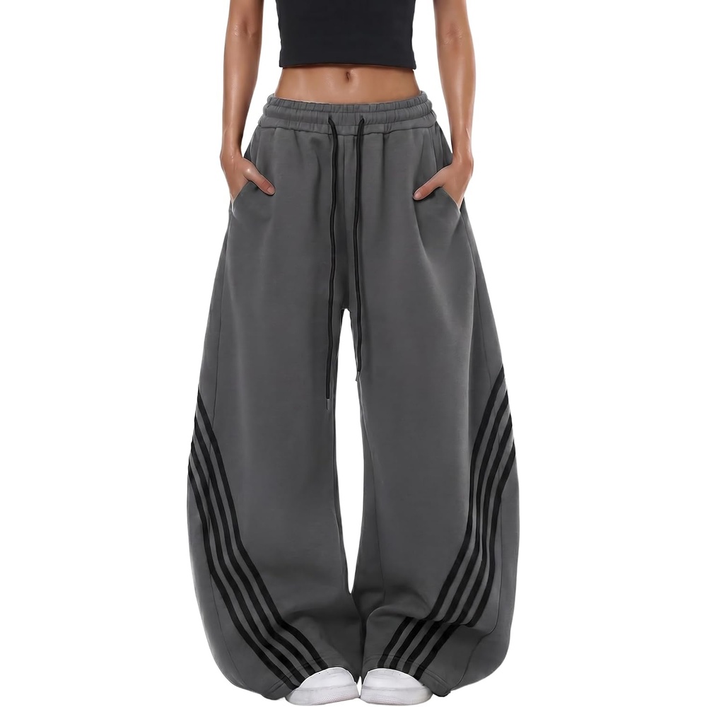 image:imageEMMIOL Y2K Striped Barrel Sweatpants for Women Baggy High Waisted Wide Leg Joggers with Drawstring Waist Adjustable CuffsGrey