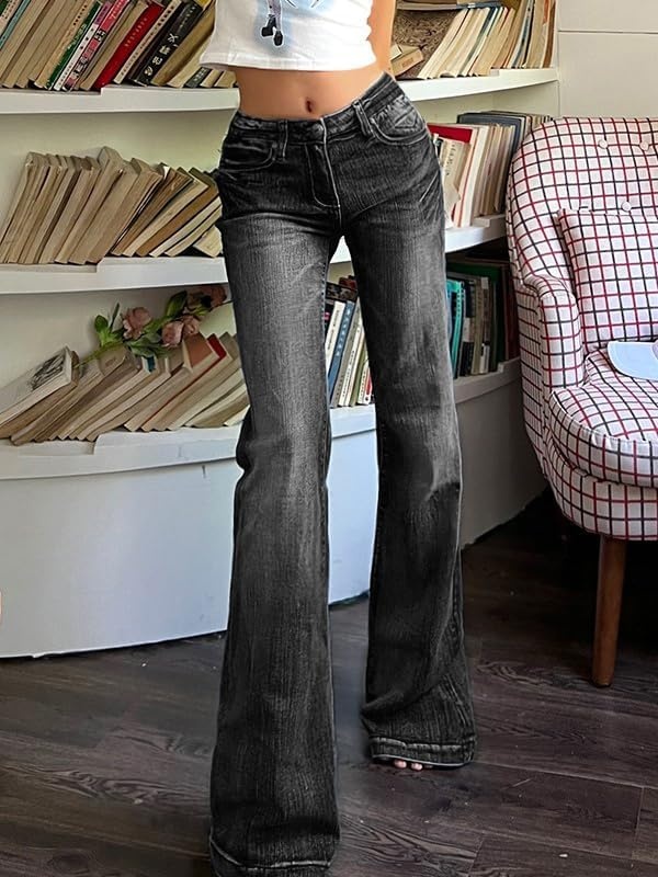 image:imageEMMIOL Women MidHigh Waisted Flare Jeans Y2K 90s Vintage Stretchy Bootcut BBL Denim Pants Bell BottomBlack