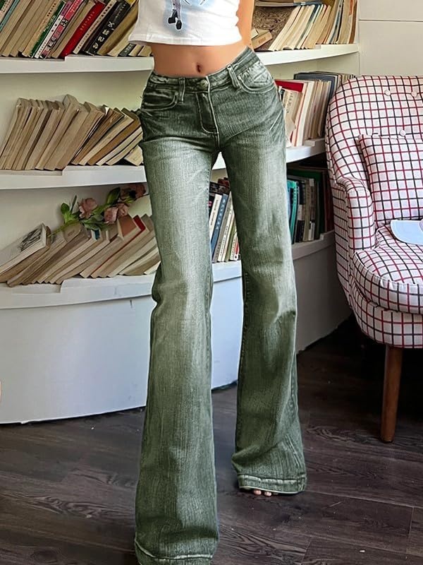 image:imageEMMIOL Women MidHigh Waisted Flare Jeans Y2K 90s Vintage Stretchy Bootcut BBL Denim Pants Bell BottomBluegreen