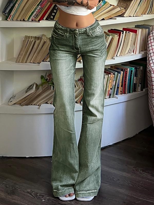 image:imageEMMIOL Women MidHigh Waisted Flare Jeans Y2K 90s Vintage Stretchy Bootcut BBL Denim Pants Bell BottomBluegreen
