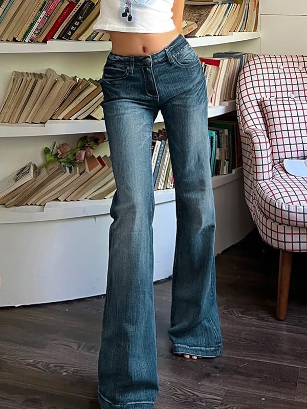 image:imageEMMIOL Women MidHigh Waisted Flare Jeans Y2K 90s Vintage Stretchy Bootcut BBL Denim Pants Bell BottomDark Blue
