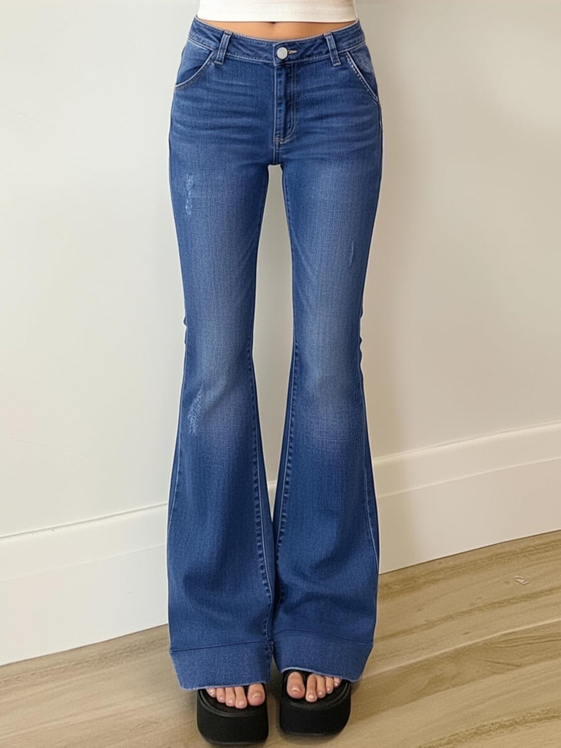 image:imageEMMIOL Women MidHigh Waisted Flare Jeans Y2K 90s Vintage Stretchy Bootcut BBL Denim Pants Bell BottomDark Blue007