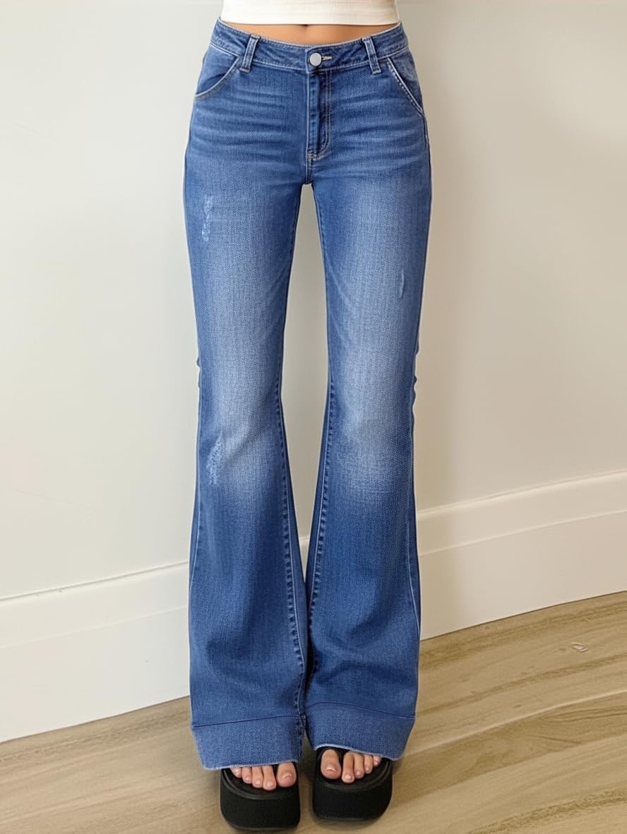 image:imageEMMIOL Women MidHigh Waisted Flare Jeans Y2K 90s Vintage Stretchy Bootcut BBL Denim Pants Bell BottomLight Blue007