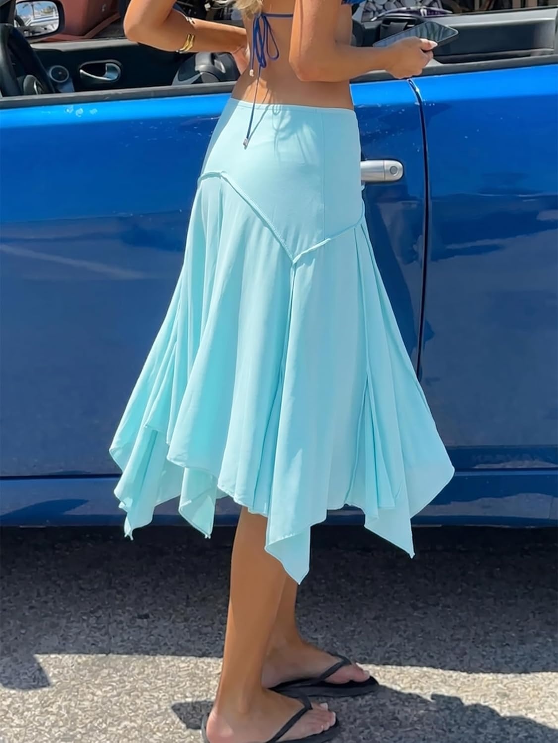 image:imageEMMIOL Womens Midi Skirt Flowy Long Skirt Asymmetrical Ruffle Hem High Waisted Summer Beach for Vacation Going OutLight Blue