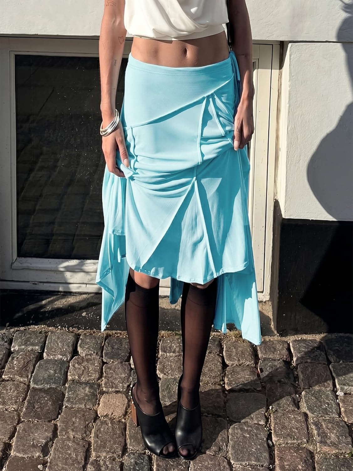 image:imageEMMIOL Womens Midi Skirt Flowy Long Skirt Asymmetrical Ruffle Hem High Waisted Summer Beach for Vacation Going OutLight Blue