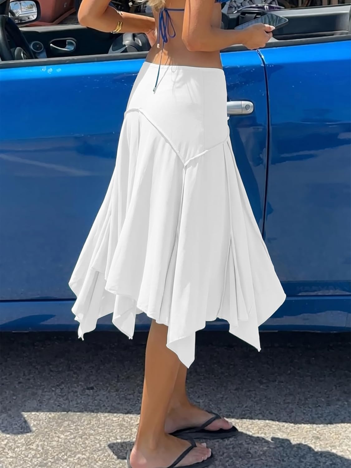 image:imageEMMIOL Womens Midi Skirt Flowy Long Skirt Asymmetrical Ruffle Hem High Waisted Summer Beach for Vacation Going OutWhite