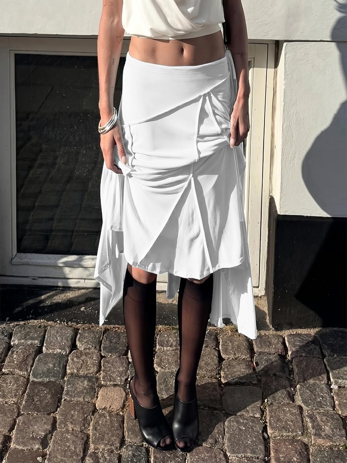 image:imageEMMIOL Womens Midi Skirt Flowy Long Skirt Asymmetrical Ruffle Hem High Waisted Summer Beach for Vacation Going OutWhite