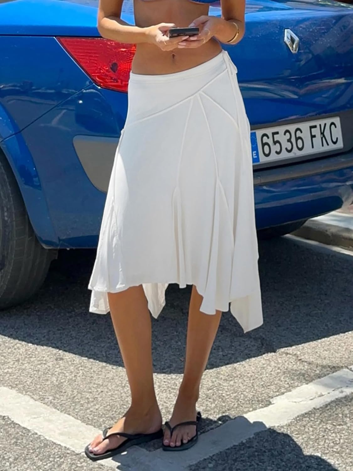 image:imageEMMIOL Womens Midi Skirt Flowy Long Skirt Asymmetrical Ruffle Hem High Waisted Summer Beach for Vacation Going OutWhite