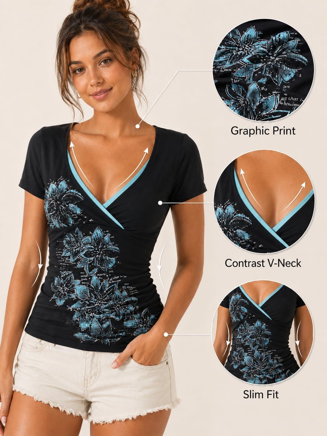 image:imageEMMIOL Y2K Fairy Grunge Short Sleeve Shirts for Women Vintage Floral Graphic V Neck Cute Going Out Tops Emo Summer TeeBrown164