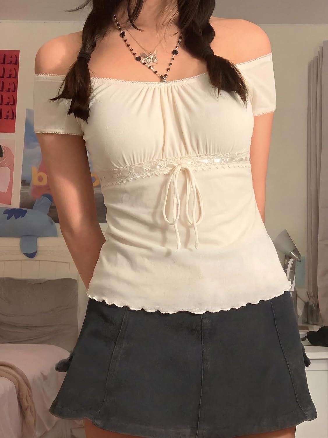 image:imageEMMIOL Y2K Mesh Top Women Babydoll Stretchy Short Sleeve Shirt Scoop Neck Summer Going Out Cute Fairy TopBeige