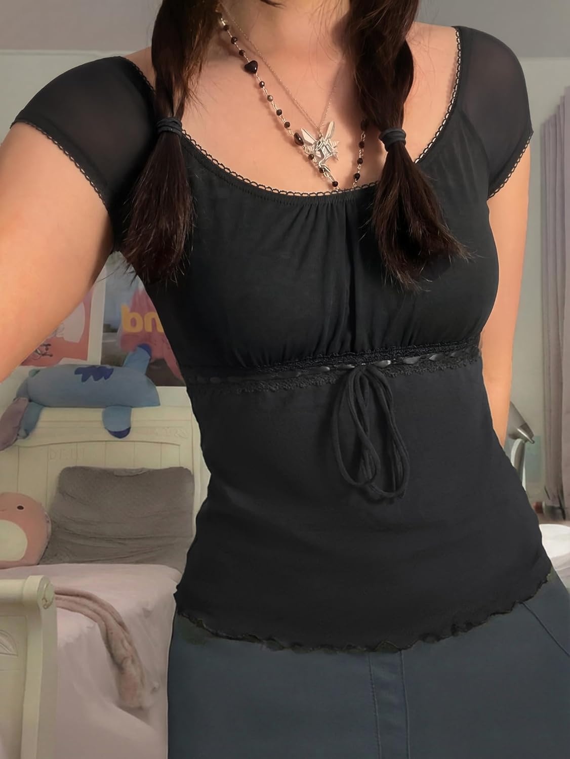 image:imageEMMIOL Y2K Mesh Top Women Babydoll Stretchy Short Sleeve Shirt Scoop Neck Summer Going Out Cute Fairy TopBlack