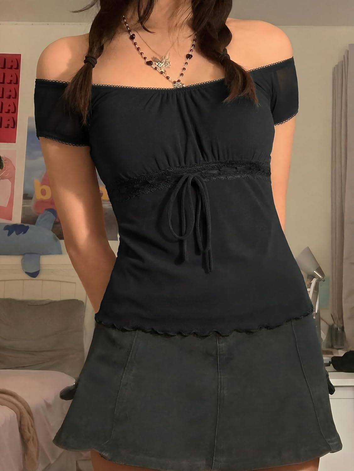 image:imageEMMIOL Y2K Mesh Top Women Babydoll Stretchy Short Sleeve Shirt Scoop Neck Summer Going Out Cute Fairy TopBlack