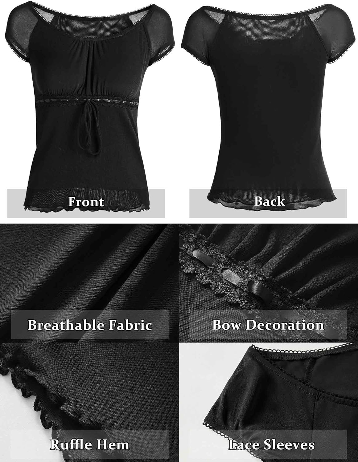 image:imageEMMIOL Y2K Mesh Top Women Babydoll Stretchy Short Sleeve Shirt Scoop Neck Summer Going Out Cute Fairy TopBlack