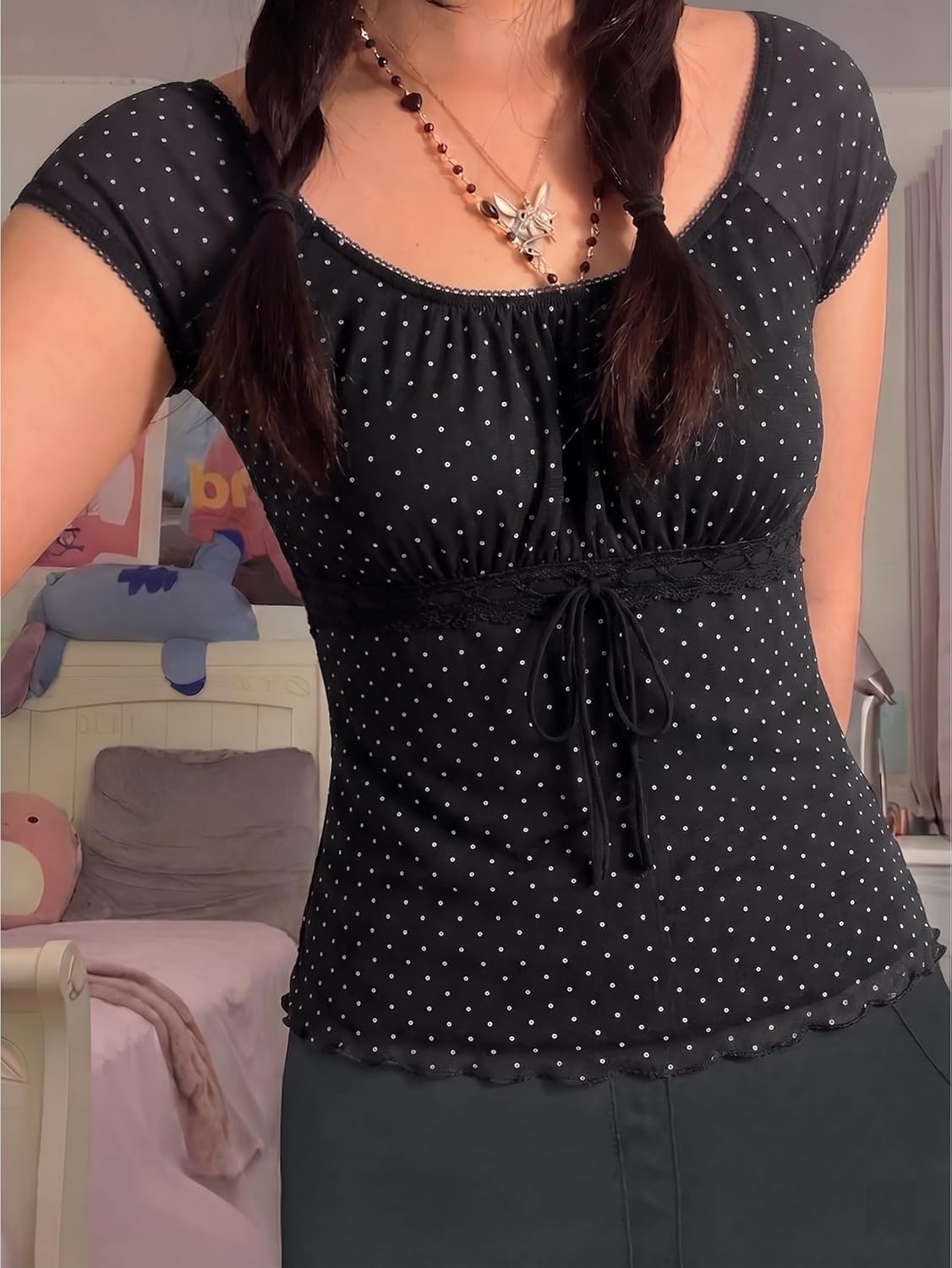 image:imageEMMIOL Y2K Mesh Top Women Babydoll Stretchy Short Sleeve Shirt Scoop Neck Summer Going Out Cute Fairy TopBlackwhite Dot