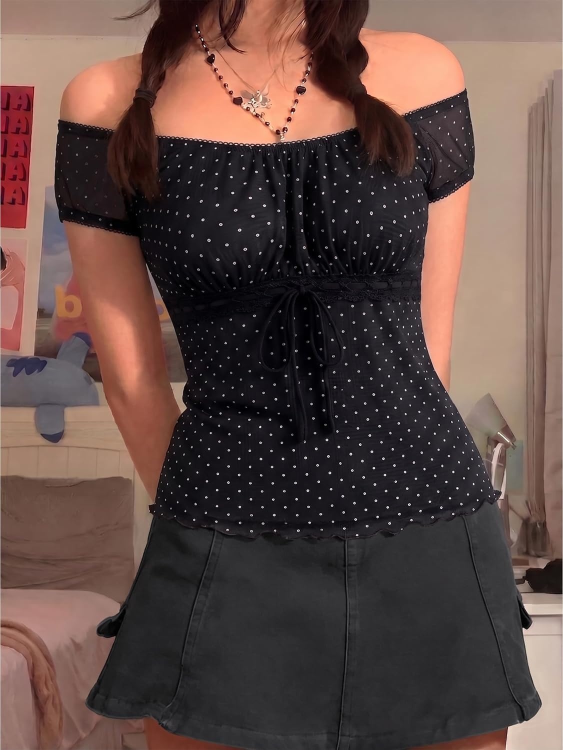 image:imageEMMIOL Y2K Mesh Top Women Babydoll Stretchy Short Sleeve Shirt Scoop Neck Summer Going Out Cute Fairy TopBlackwhite Dot