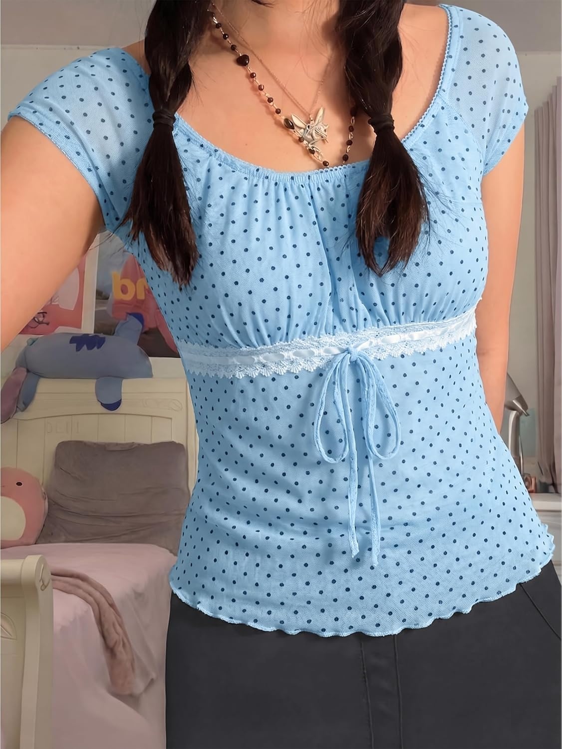 image:imageEMMIOL Y2K Mesh Top Women Babydoll Stretchy Short Sleeve Shirt Scoop Neck Summer Going Out Cute Fairy TopBluewhite Dot