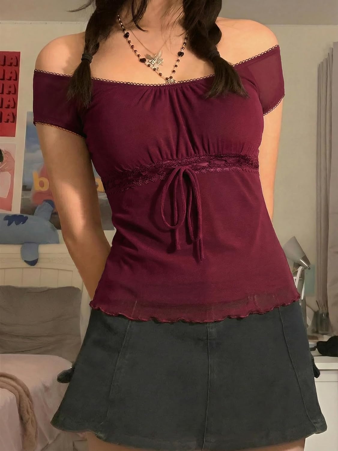 image:imageEMMIOL Y2K Mesh Top Women Babydoll Stretchy Short Sleeve Shirt Scoop Neck Summer Going Out Cute Fairy TopBurgundy