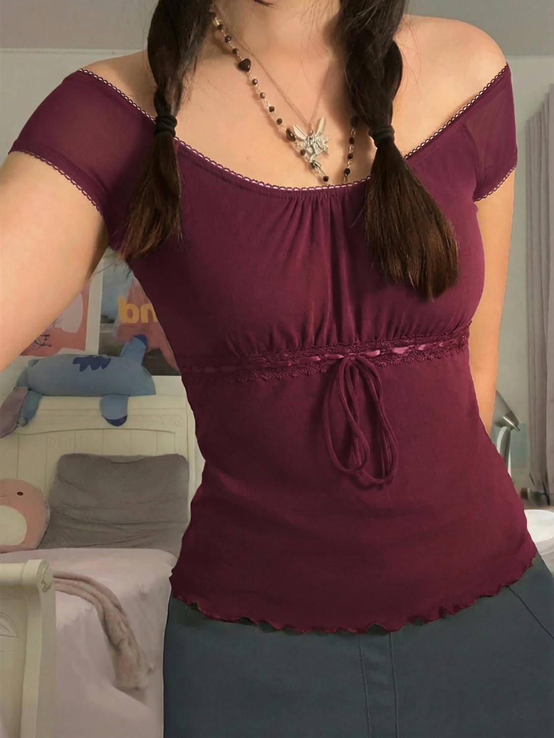 image:imageEMMIOL Y2K Mesh Top Women Babydoll Stretchy Short Sleeve Shirt Scoop Neck Summer Going Out Cute Fairy TopBurgundy