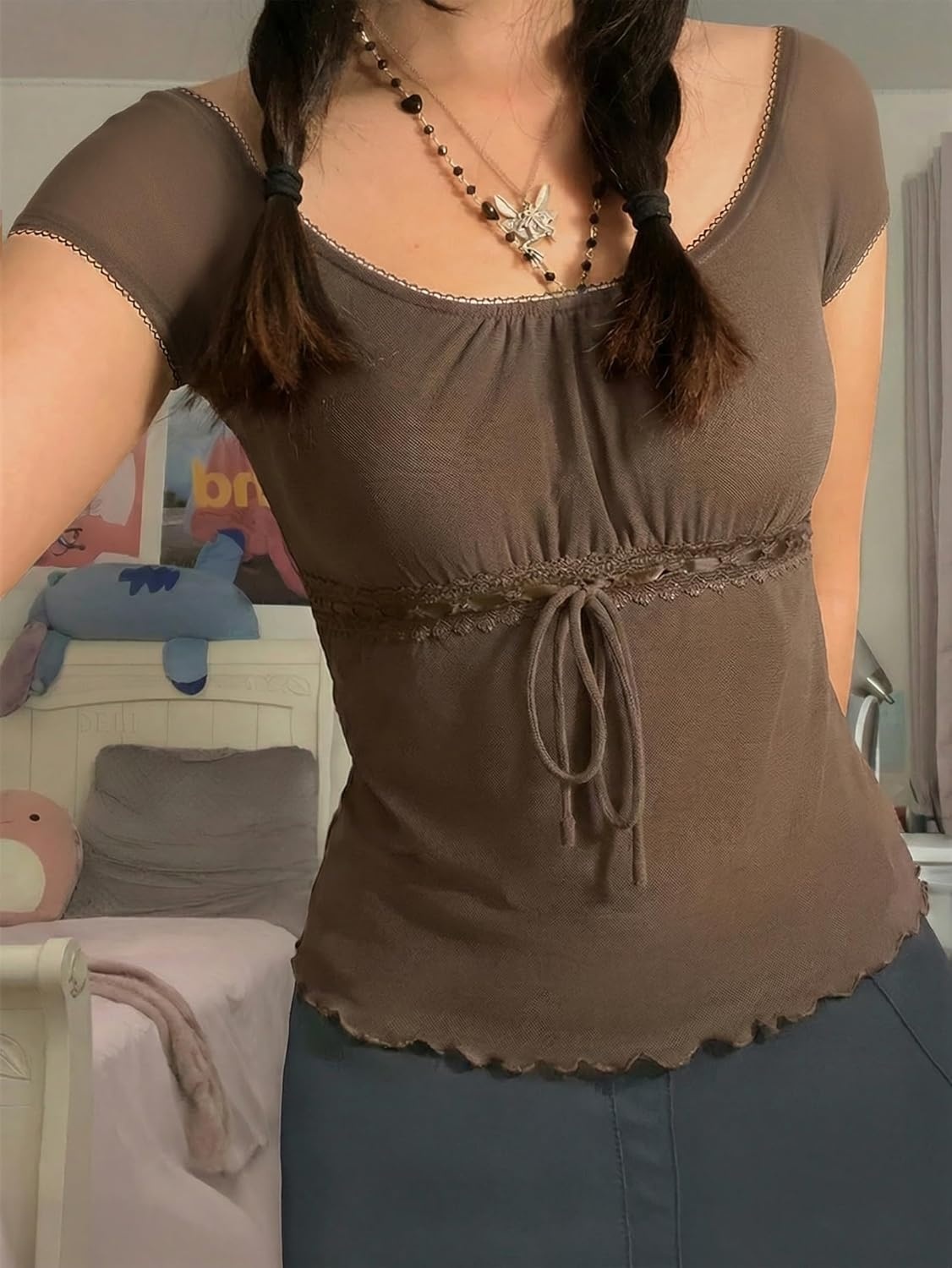 image:imageEMMIOL Y2K Mesh Top Women Babydoll Stretchy Short Sleeve Shirt Scoop Neck Summer Going Out Cute Fairy TopCoffee Brown