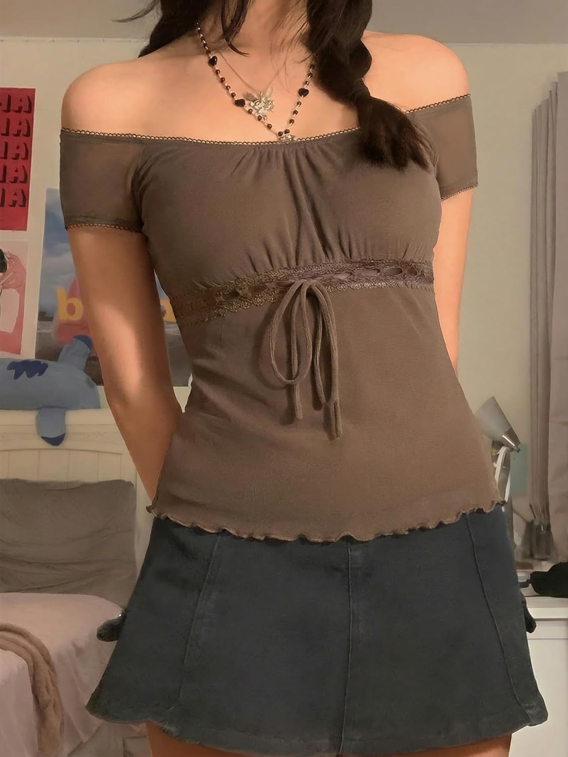 image:imageEMMIOL Y2K Mesh Top Women Babydoll Stretchy Short Sleeve Shirt Scoop Neck Summer Going Out Cute Fairy TopCoffee Brown