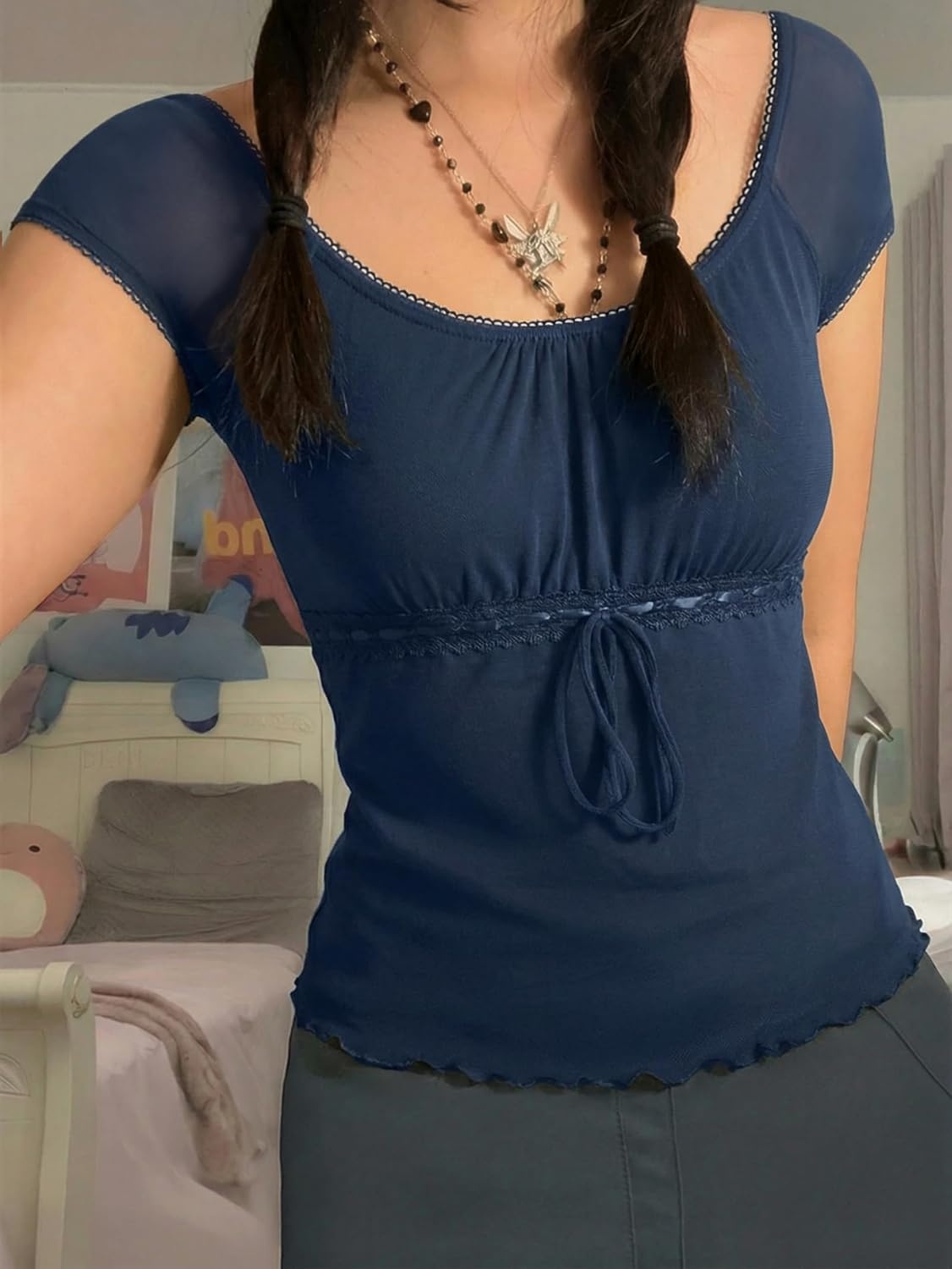 image:imageEMMIOL Y2K Mesh Top Women Babydoll Stretchy Short Sleeve Shirt Scoop Neck Summer Going Out Cute Fairy TopNavy Blue