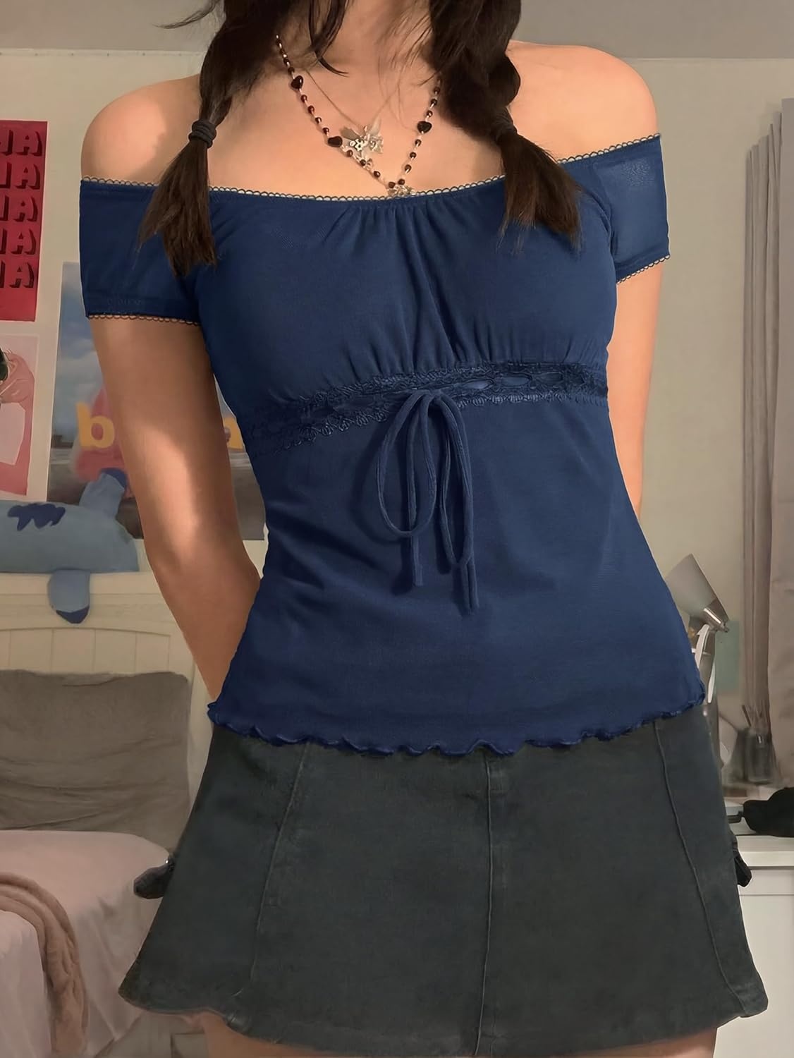 image:imageEMMIOL Y2K Mesh Top Women Babydoll Stretchy Short Sleeve Shirt Scoop Neck Summer Going Out Cute Fairy TopNavy Blue