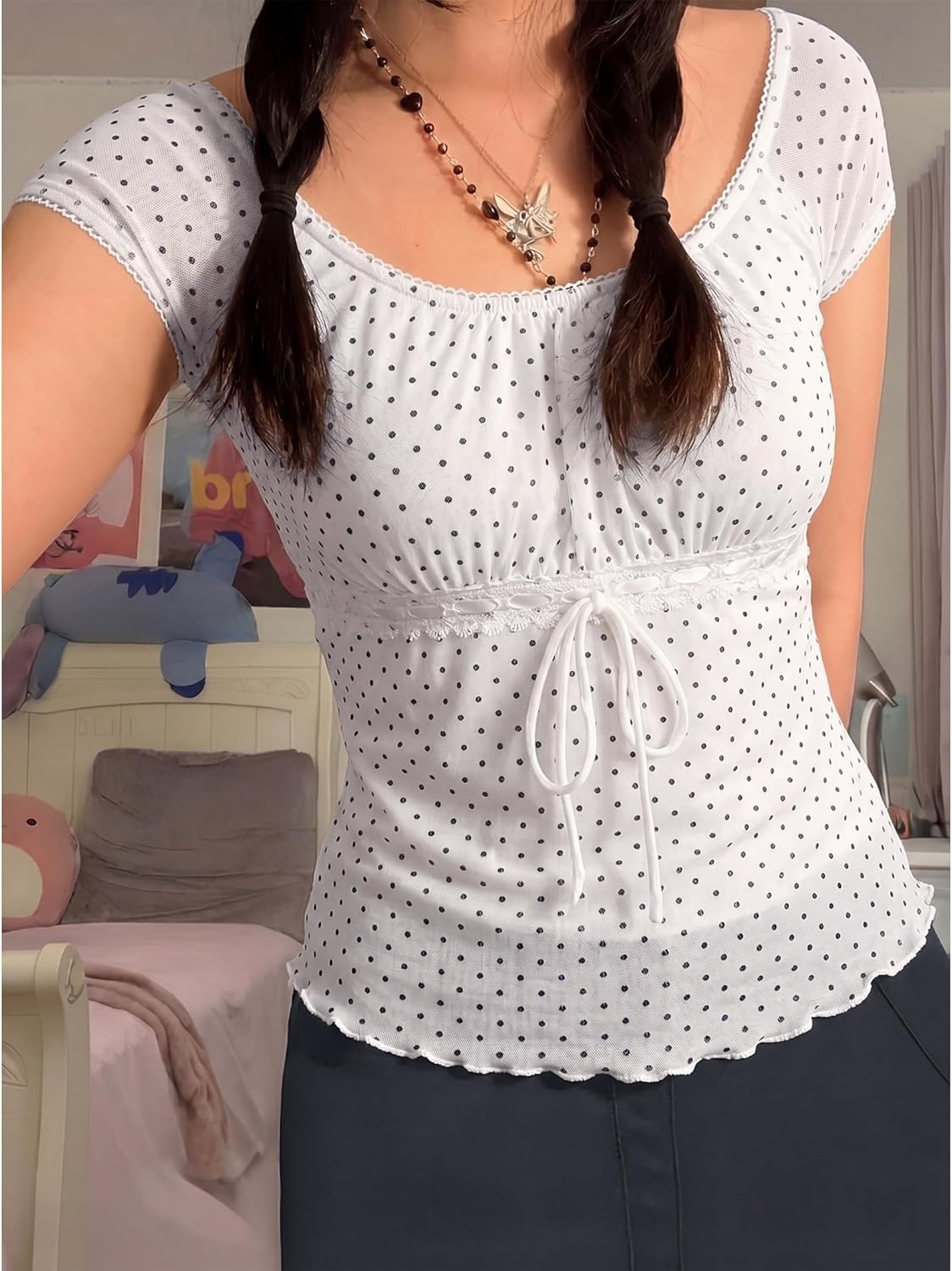 image:imageEMMIOL Y2K Mesh Top Women Babydoll Stretchy Short Sleeve Shirt Scoop Neck Summer Going Out Cute Fairy TopWhiteblackdot