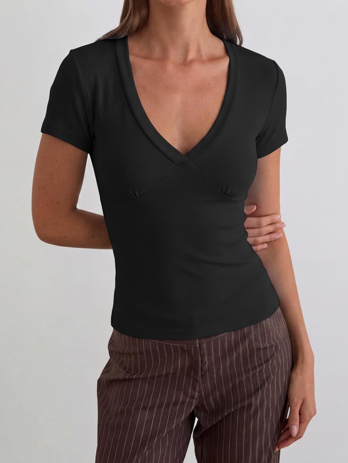 image:imageWomen Deep V Neck Tops Sexy Short Sleeve Crop Top Stretchy Trendy Going Out Tank Top Cute Summer ClothesBlack