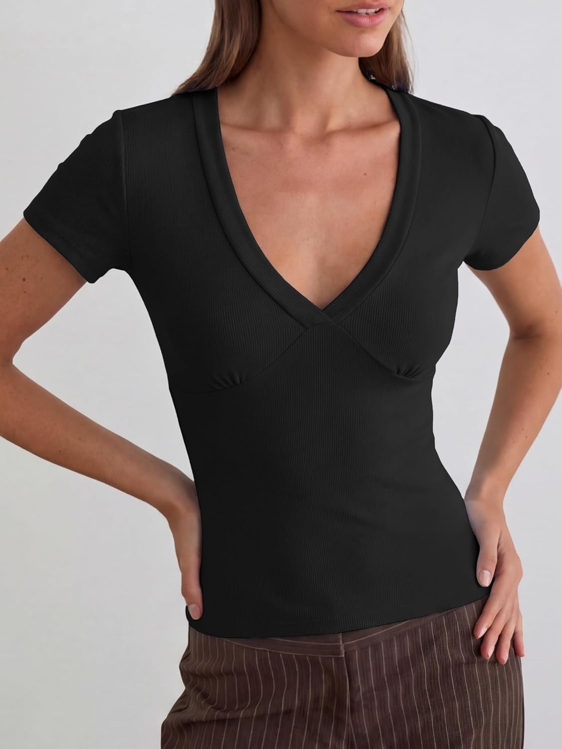 image:imageWomen Deep V Neck Tops Sexy Short Sleeve Crop Top Stretchy Trendy Going Out Tank Top Cute Summer ClothesBlack