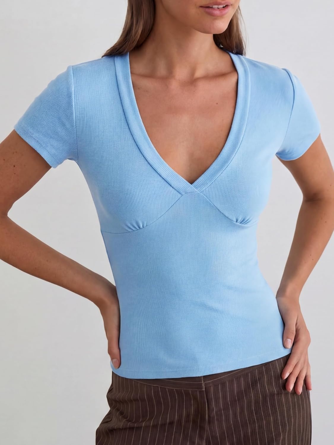 image:imageWomen Deep V Neck Tops Sexy Short Sleeve Crop Top Stretchy Trendy Going Out Tank Top Cute Summer ClothesBlue