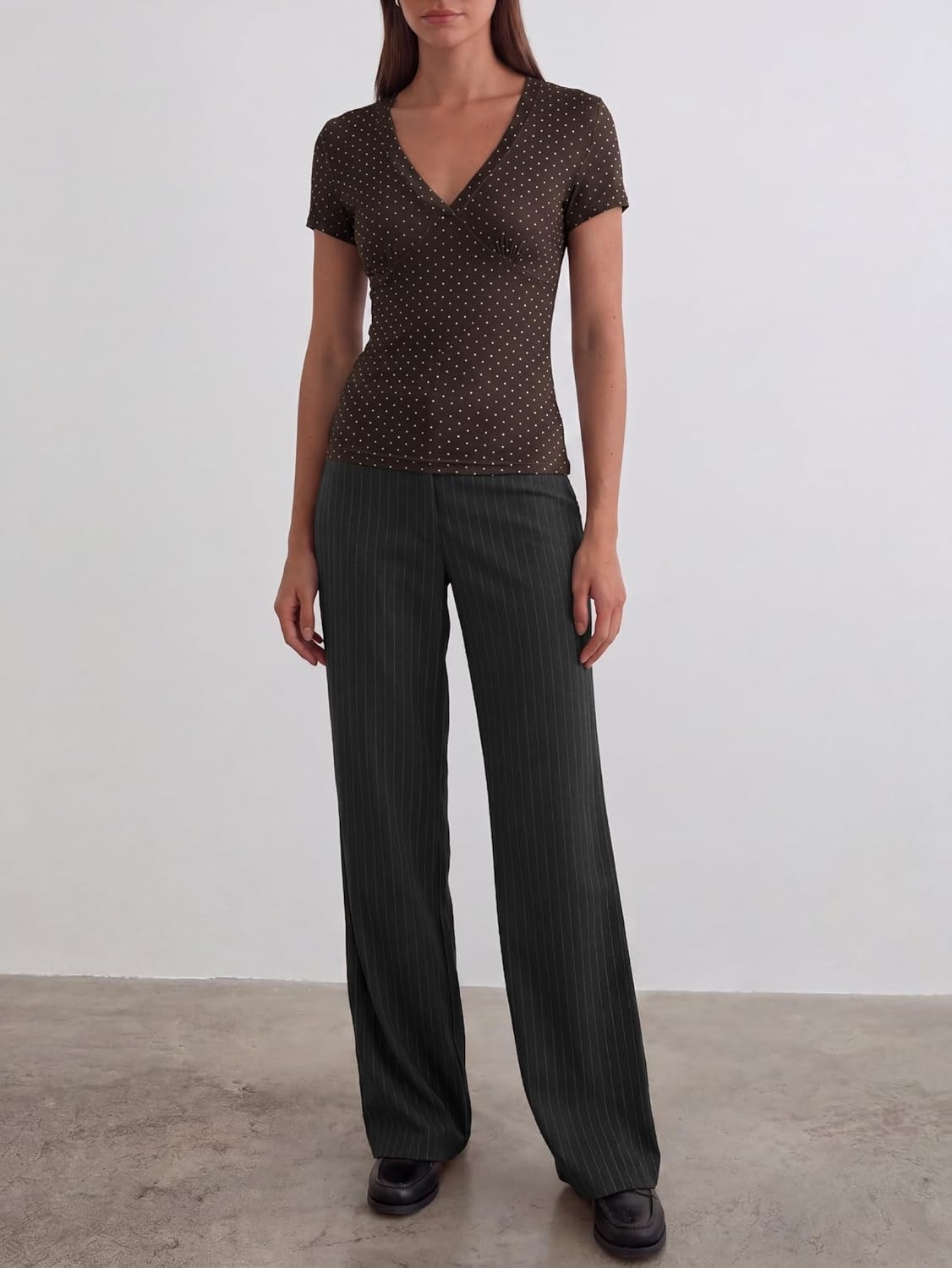 image:imageWomen Deep V Neck Tops Sexy Short Sleeve Crop Top Stretchy Trendy Going Out Tank Top Cute Summer ClothesBrown Polka Dots