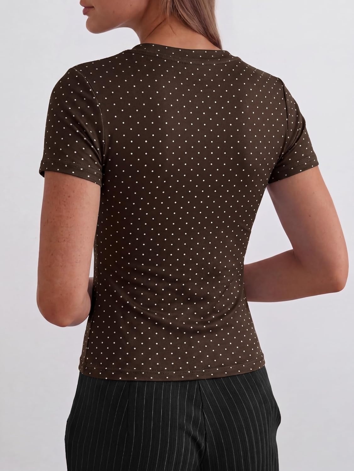 image:imageWomen Deep V Neck Tops Sexy Short Sleeve Crop Top Stretchy Trendy Going Out Tank Top Cute Summer ClothesBrown Polka Dots