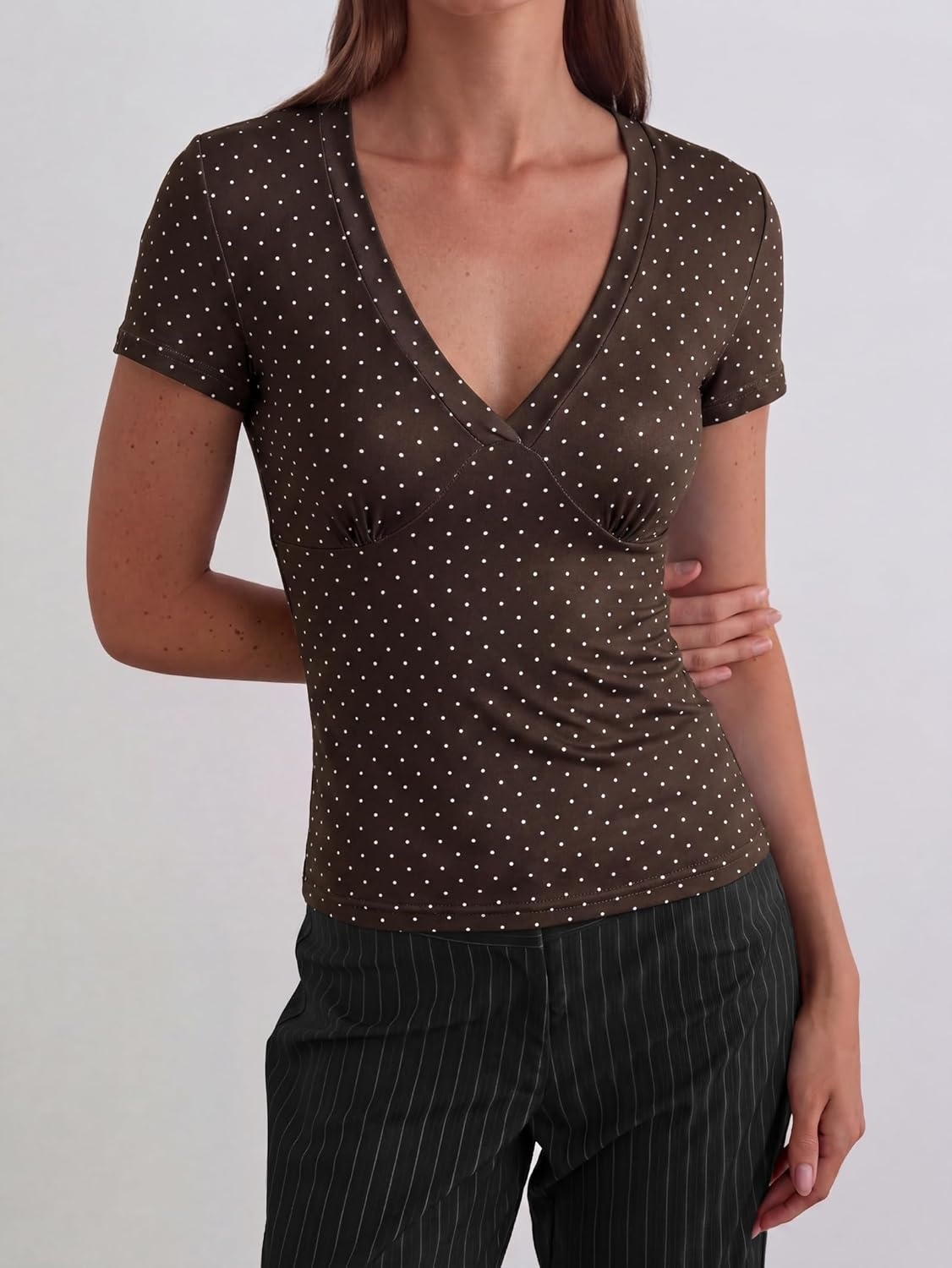 image:imageWomen Deep V Neck Tops Sexy Short Sleeve Crop Top Stretchy Trendy Going Out Tank Top Cute Summer ClothesBrown Polka Dots