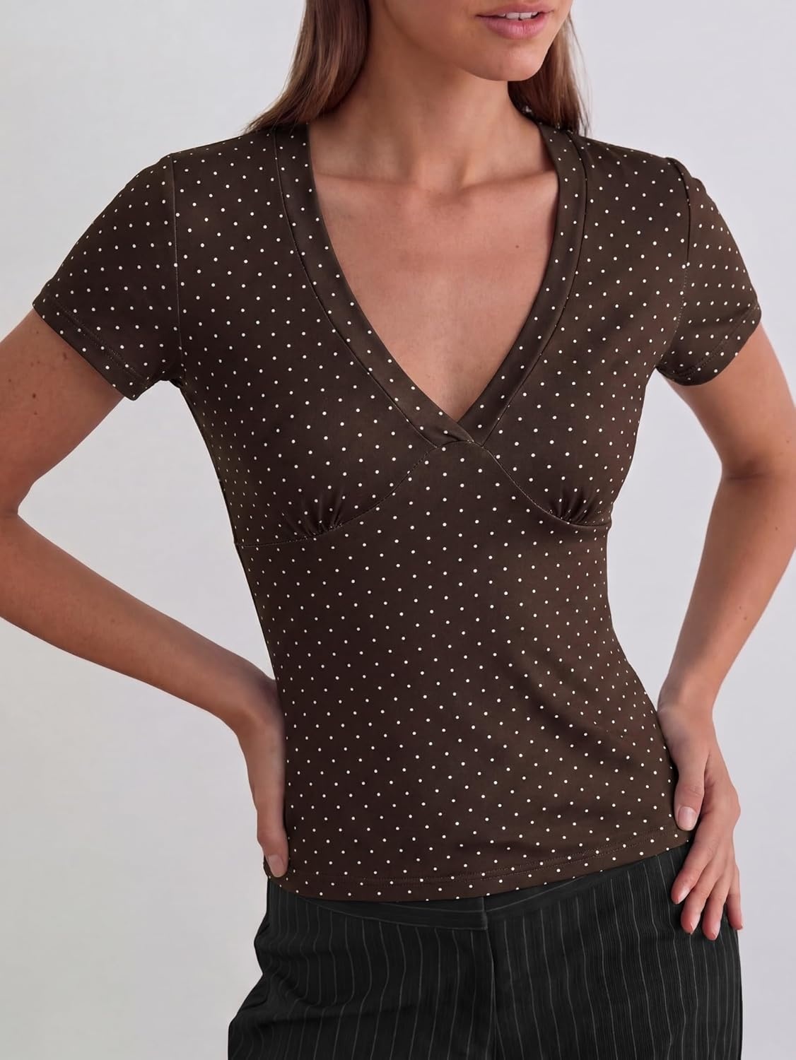 image:imageWomen Deep V Neck Tops Sexy Short Sleeve Crop Top Stretchy Trendy Going Out Tank Top Cute Summer ClothesBrown Polka Dots