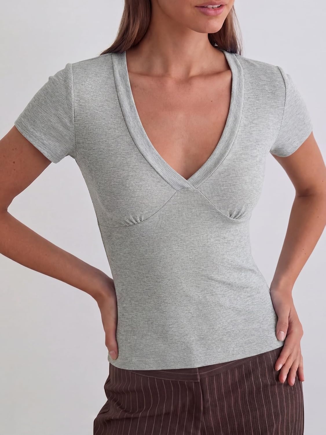 image:imageWomen Deep V Neck Tops Sexy Short Sleeve Crop Top Stretchy Trendy Going Out Tank Top Cute Summer ClothesGrey