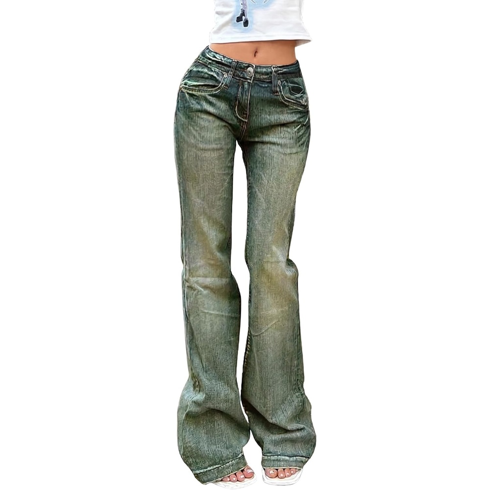image:imageEMMIOL Women MidHigh Waisted Flare Jeans Y2K 90s Vintage Stretchy Bootcut BBL Denim Pants Bell BottomBluegreen