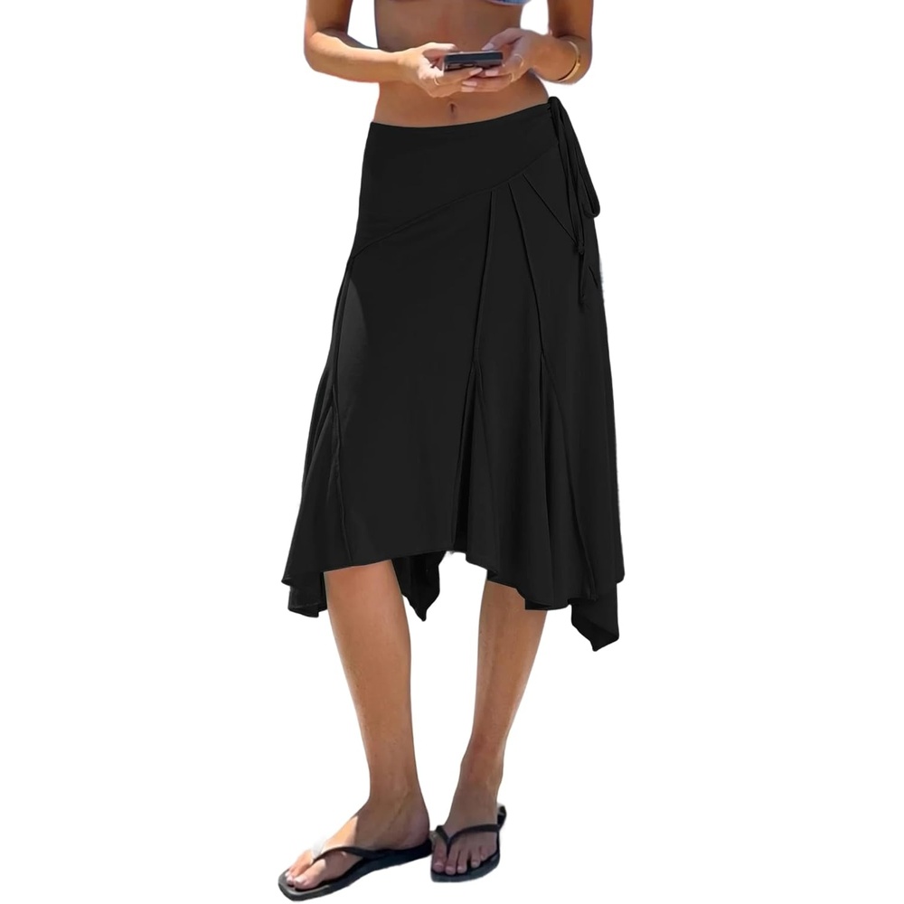 image:imageEMMIOL Womens Midi Skirt Flowy Long Skirt Asymmetrical Ruffle Hem High Waisted Summer Beach for Vacation Going OutBlack