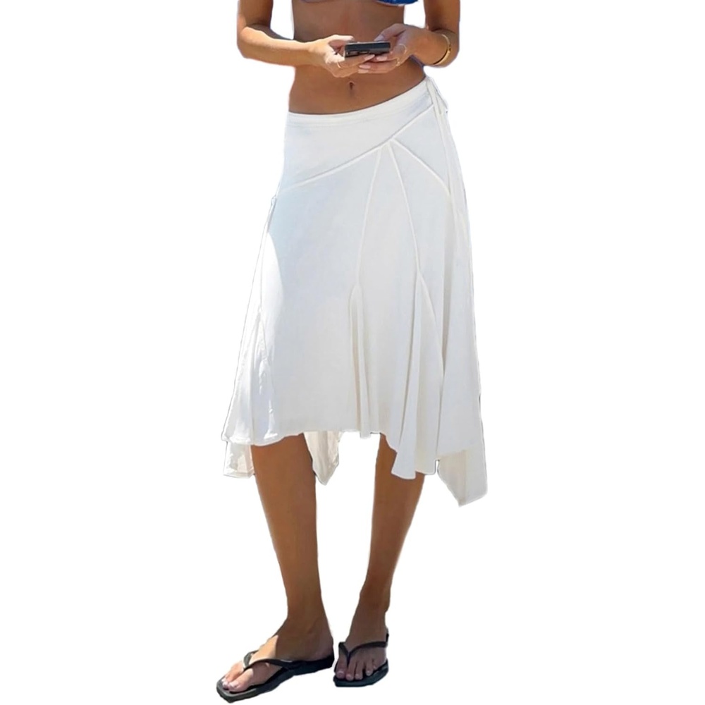 image:imageEMMIOL Womens Midi Skirt Flowy Long Skirt Asymmetrical Ruffle Hem High Waisted Summer Beach for Vacation Going OutWhite