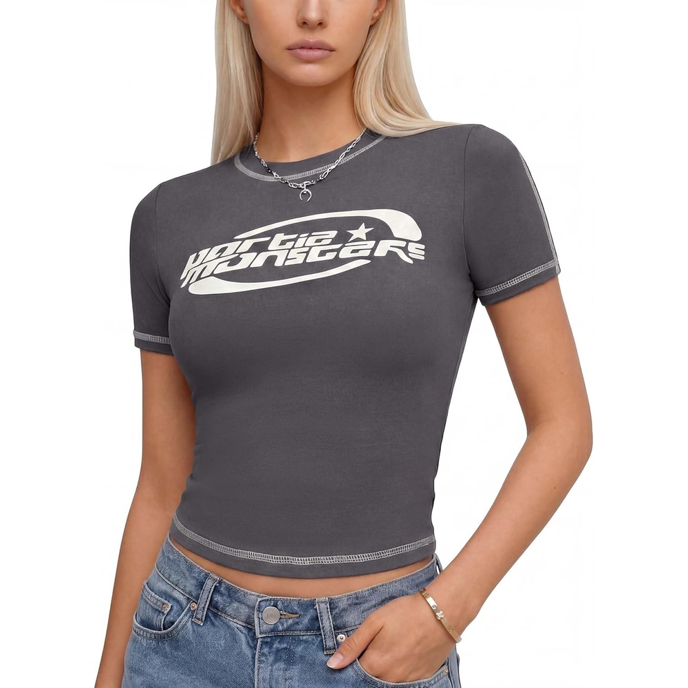 image:imageEMMIOL Y2K Fairy Grunge Short Sleeve Shirts for Women Vintage Floral Graphic V Neck Cute Going Out Tops Emo Summer TeeDark Grey